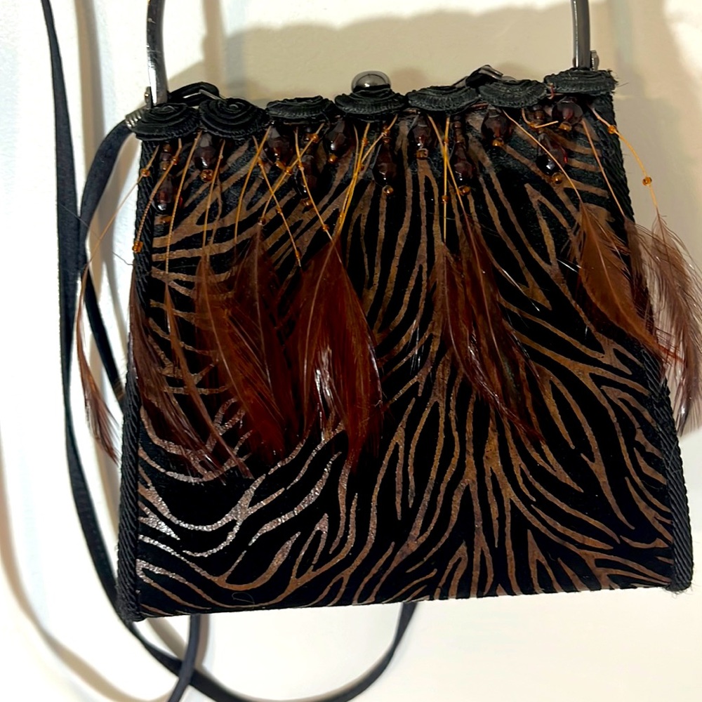 Moo Roo Handbag  Gorgeous Rare Black/Bronze wristlet style w/feathers & beads.